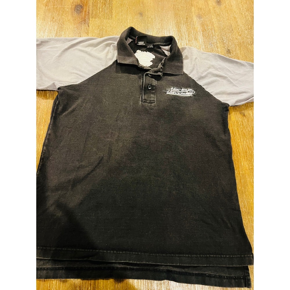 Harley Davidson USA Mens Medium Raglan Polo Shirt Black Grey Made in USA Vintage